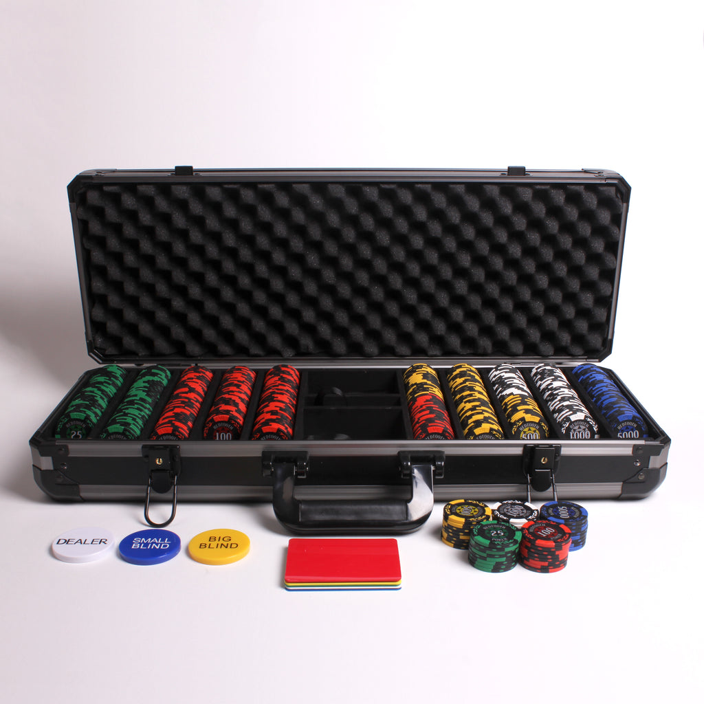 500 piece casino standard poker chip set with five different denominations including values ranging from 25 to 5000. The chop comes in a heavy duty aluminium and wooden chip case.